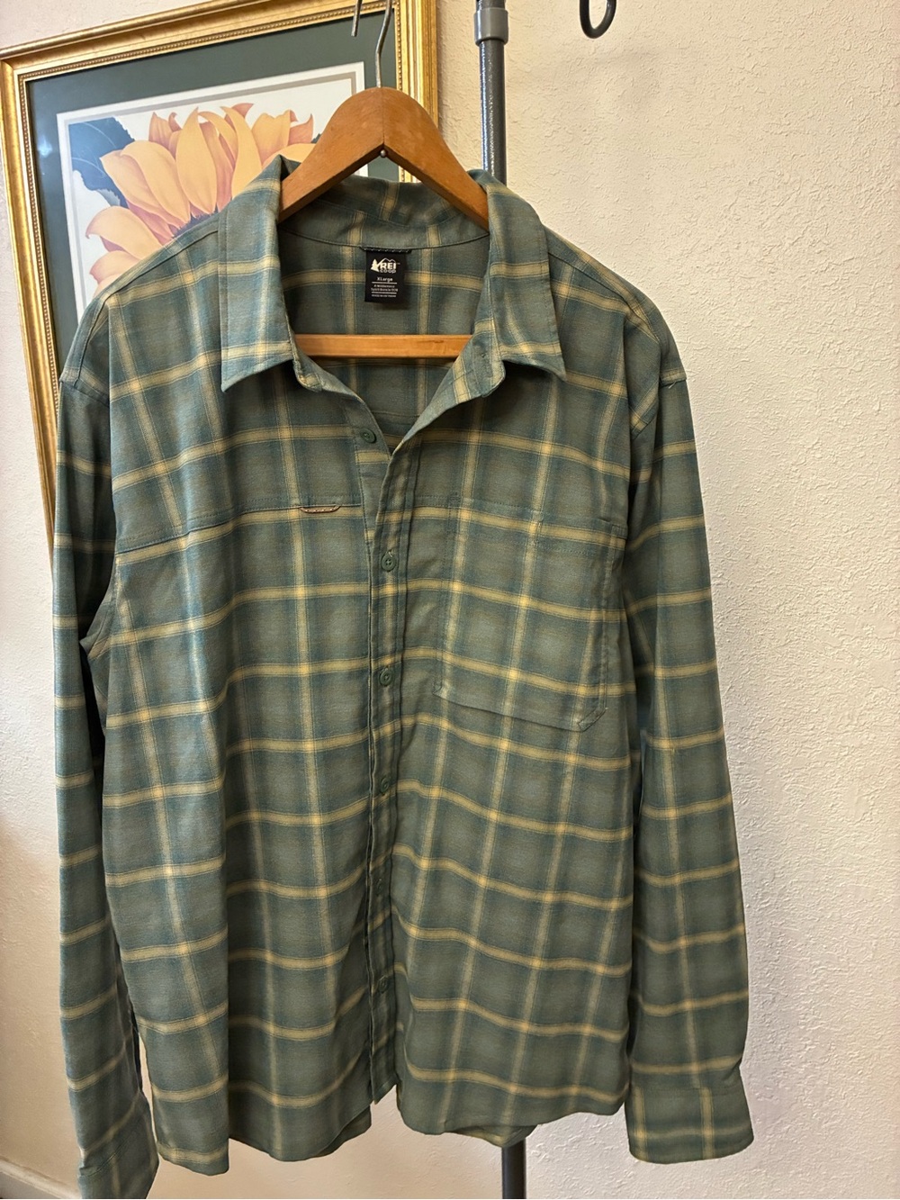 REI Teal and Cream Plaid Long-Sleeve Button-Down Shirt